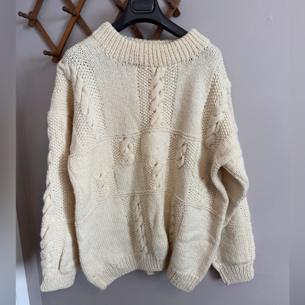 Butter Cream Yellow Hand Knit Wool Cable Patchwork Sweater XL